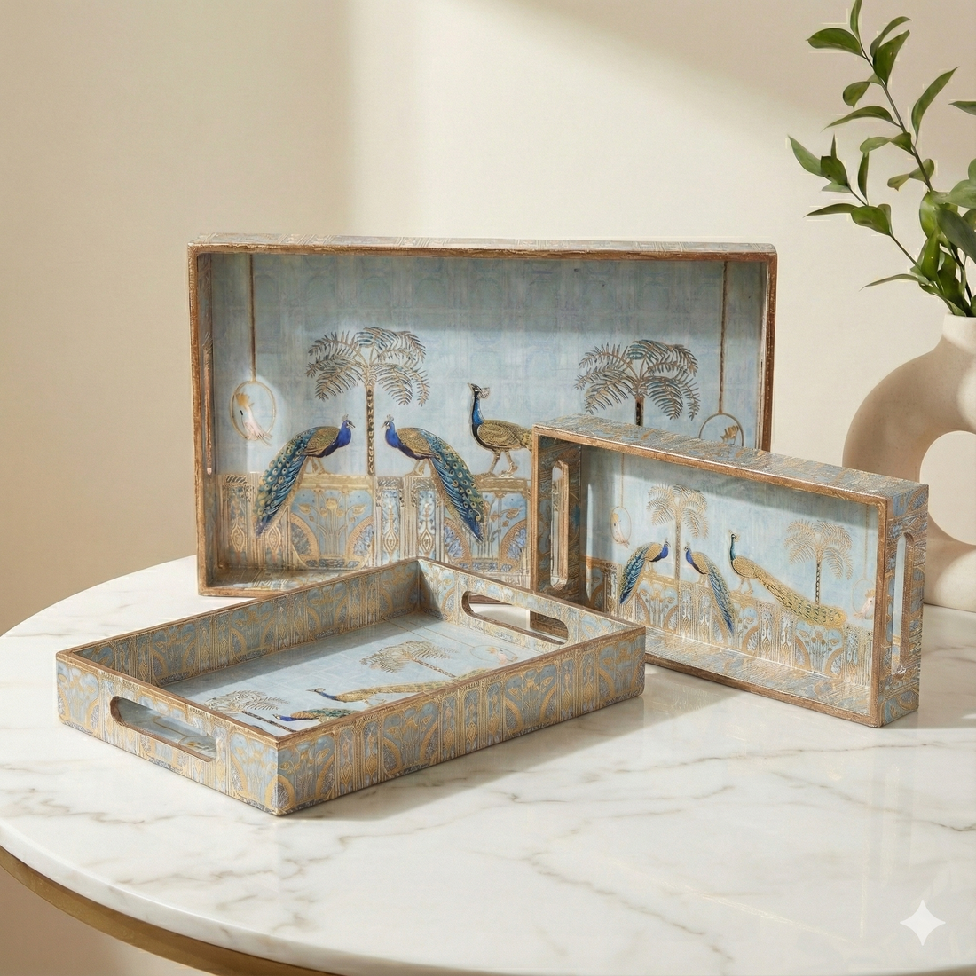 Amimashop® Peacock Set of 3 Rectangular Wooden Serving Trays 16", 14", 12"