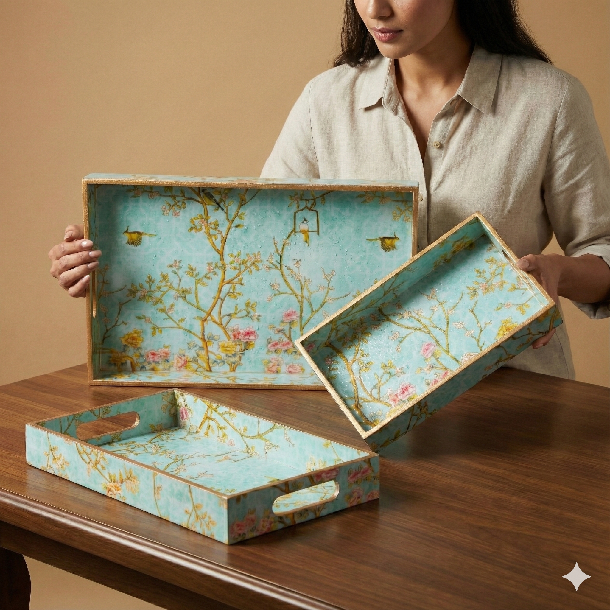 Green Set of 3 Rectangular Wooden Serving Trays 16", 14", 12"