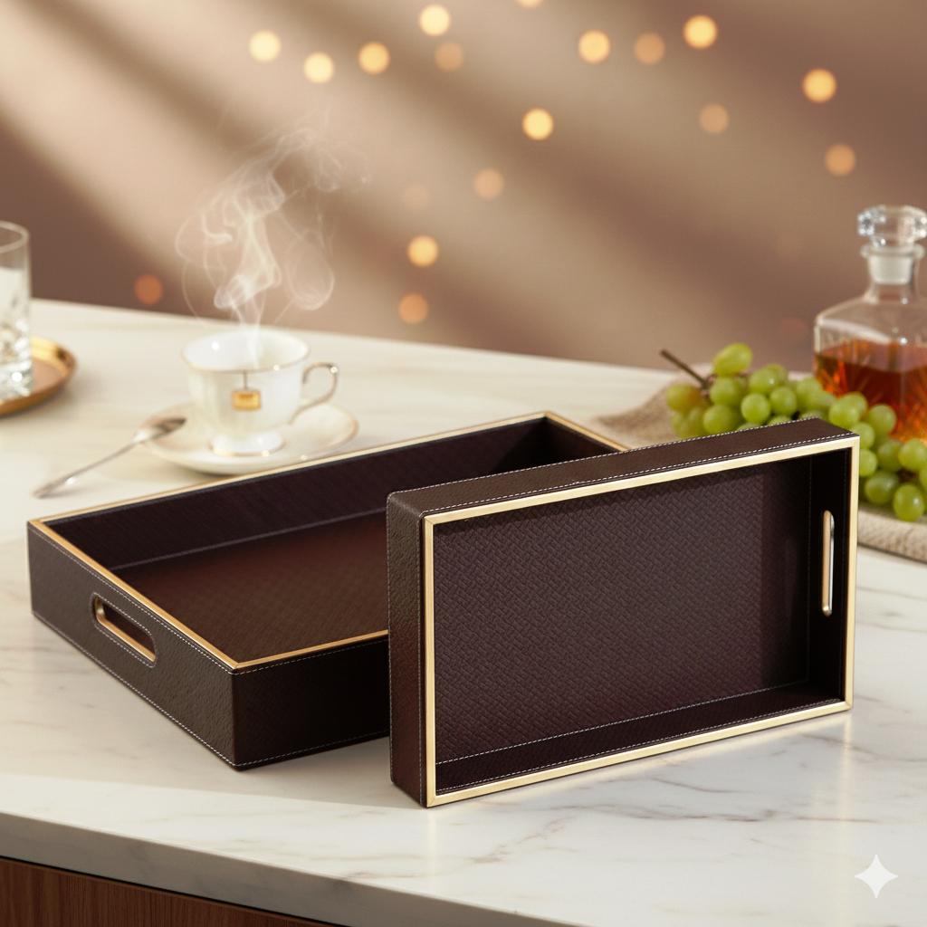 Wooden Tray Set of 2 | Rectangular Mango Wood Serving Trays | 18x12 & 16x10 Inch | Lather Finish | Decorative Kitchen, Dining & Coffee Table Tray -BROWN