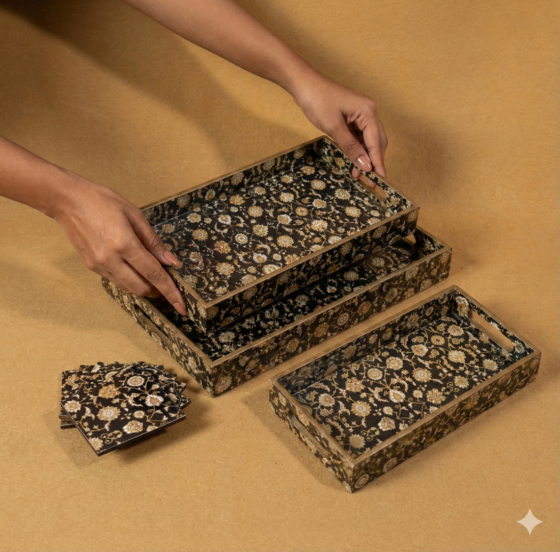 Premium Wooden Tray Set of 3 with 6 Coasters | Large, Medium & Small Sizes for Serving, Dining & Decor