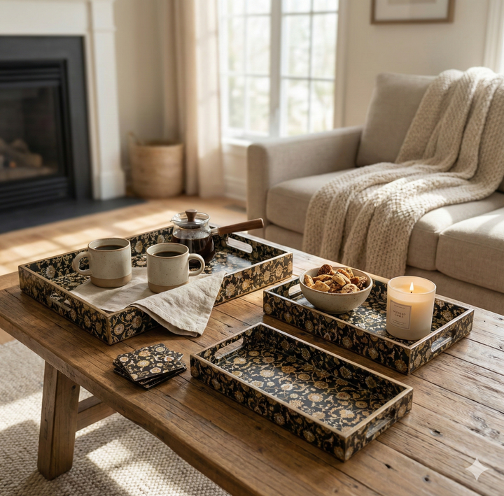 Premium Wooden Tray Set of 3 with 6 Coasters | Large, Medium & Small Sizes for Serving, Dining & Decor