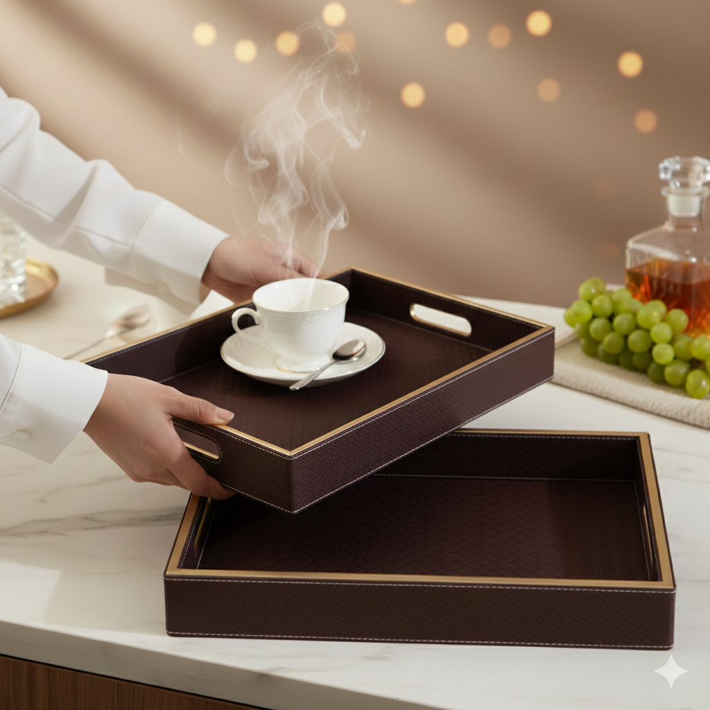 Wooden Tray Set of 2 | Rectangular Mango Wood Serving Trays | 18x12 & 16x10 Inch | Lather Finish | Decorative Kitchen, Dining & Coffee Table Tray -BROWN