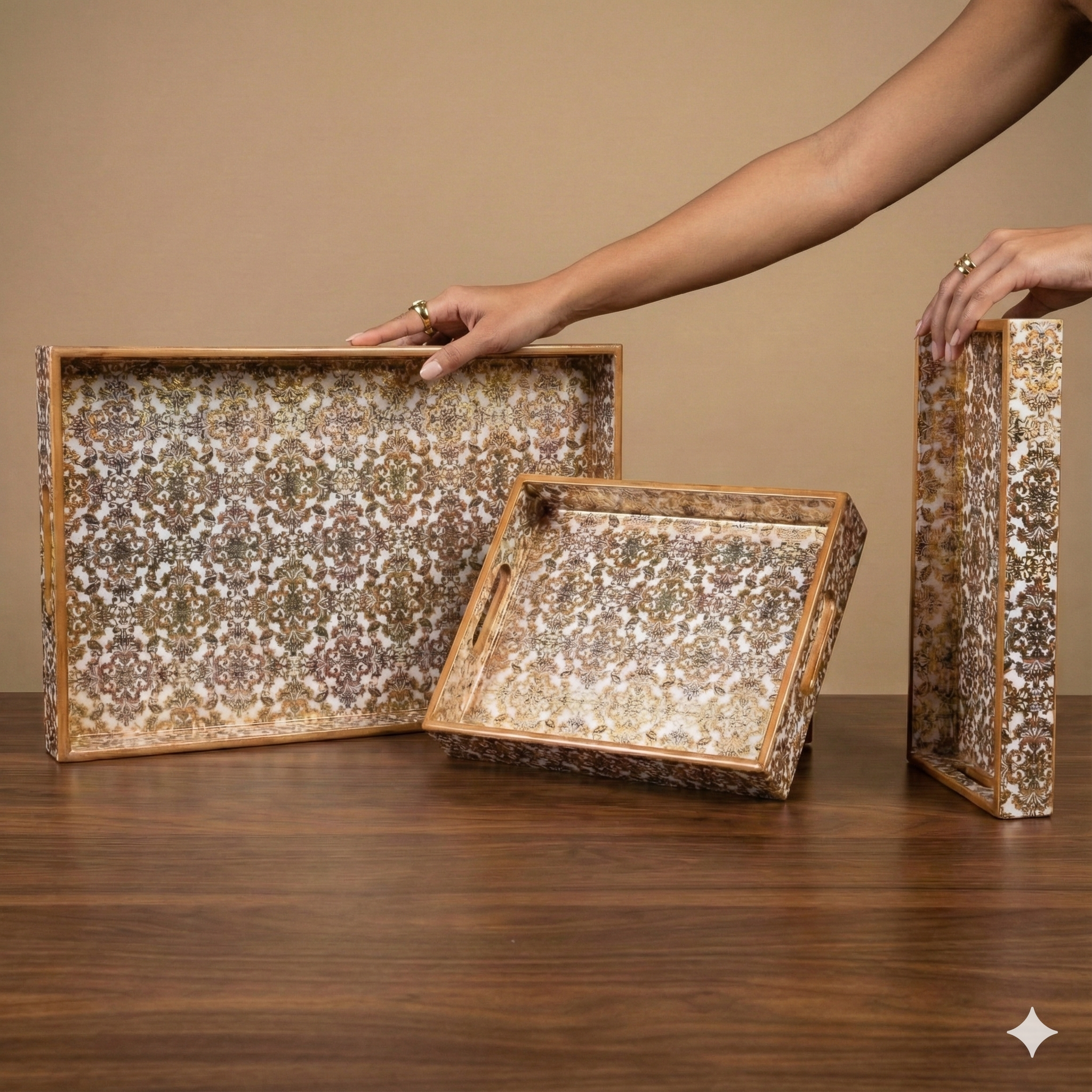 Gold Set of 3 Rectangular Wooden Serving Trays 16", 14", 12"