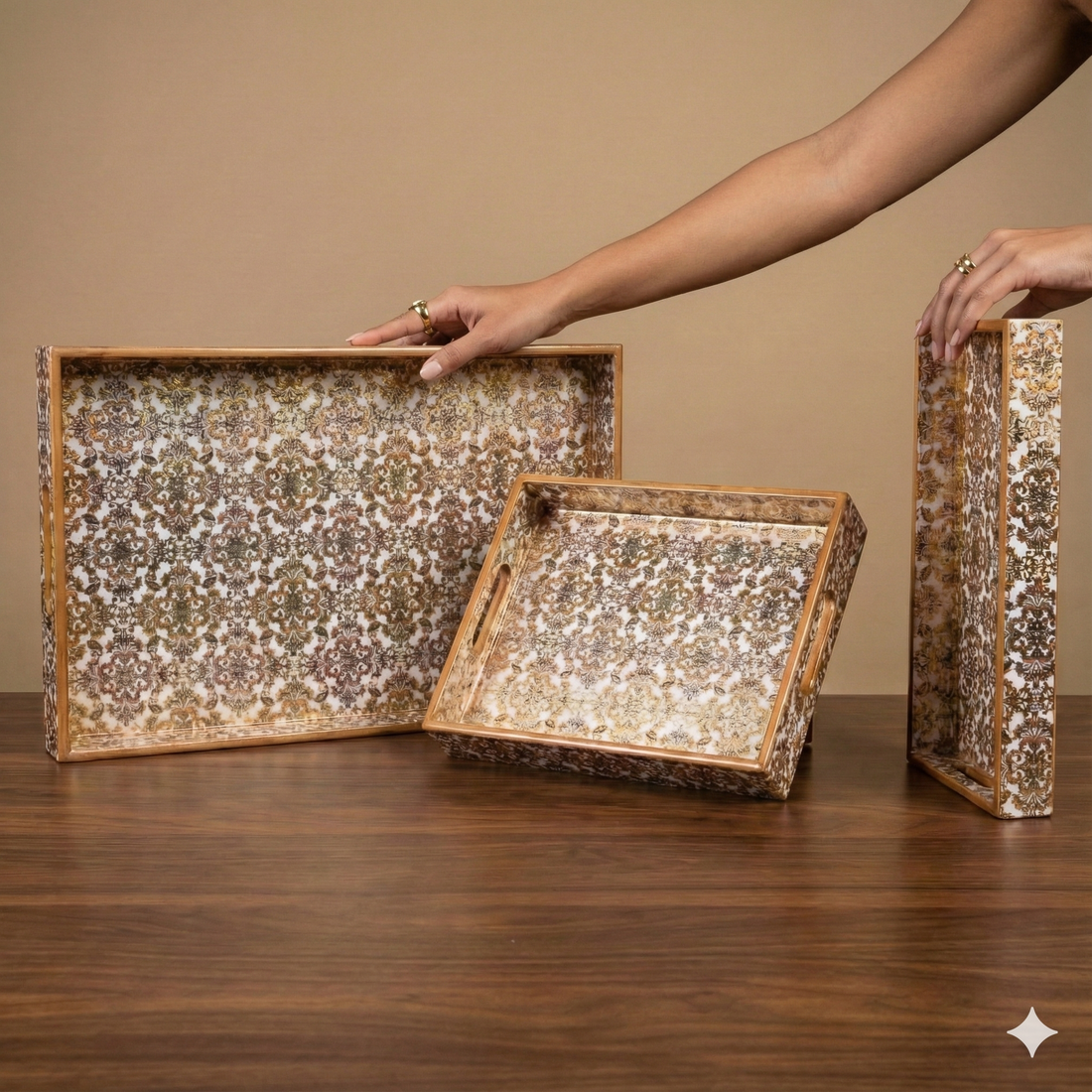 Gold Set of 3 Rectangular Wooden Serving Trays 16", 14", 12"