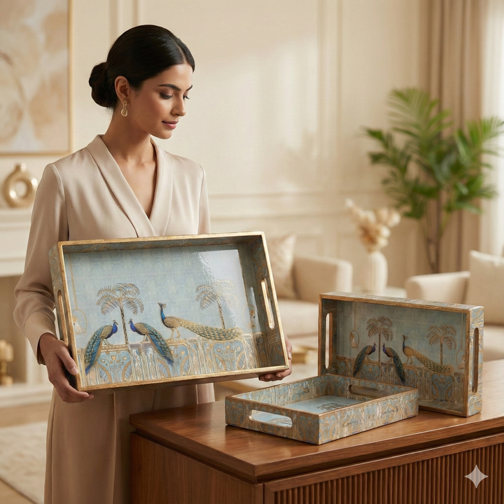 Amimashop® Peacock Set of 3 Rectangular Wooden Serving Trays 16", 14", 12"