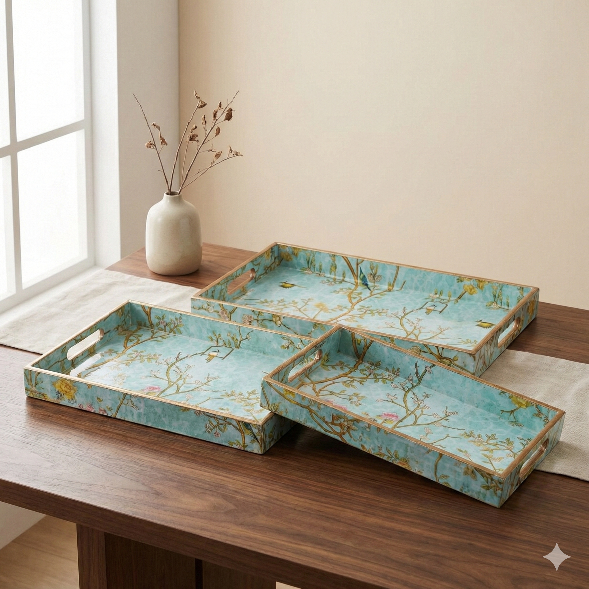 Green Set of 3 Rectangular Wooden Serving Trays 16", 14", 12"