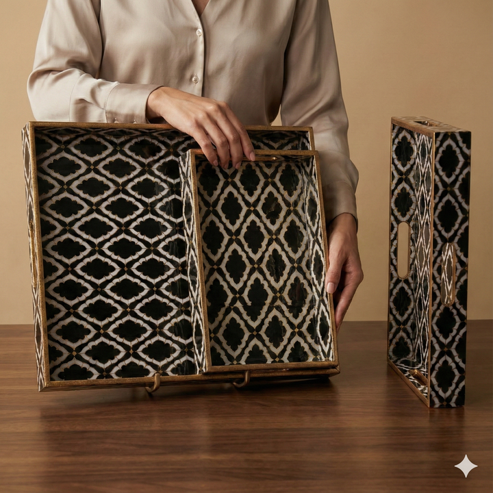 Set of 3 Wooden Serving Trays with Gold Engraving – Elegant Home Decor & Organizer (16″, 14″, 12″) – Black & White