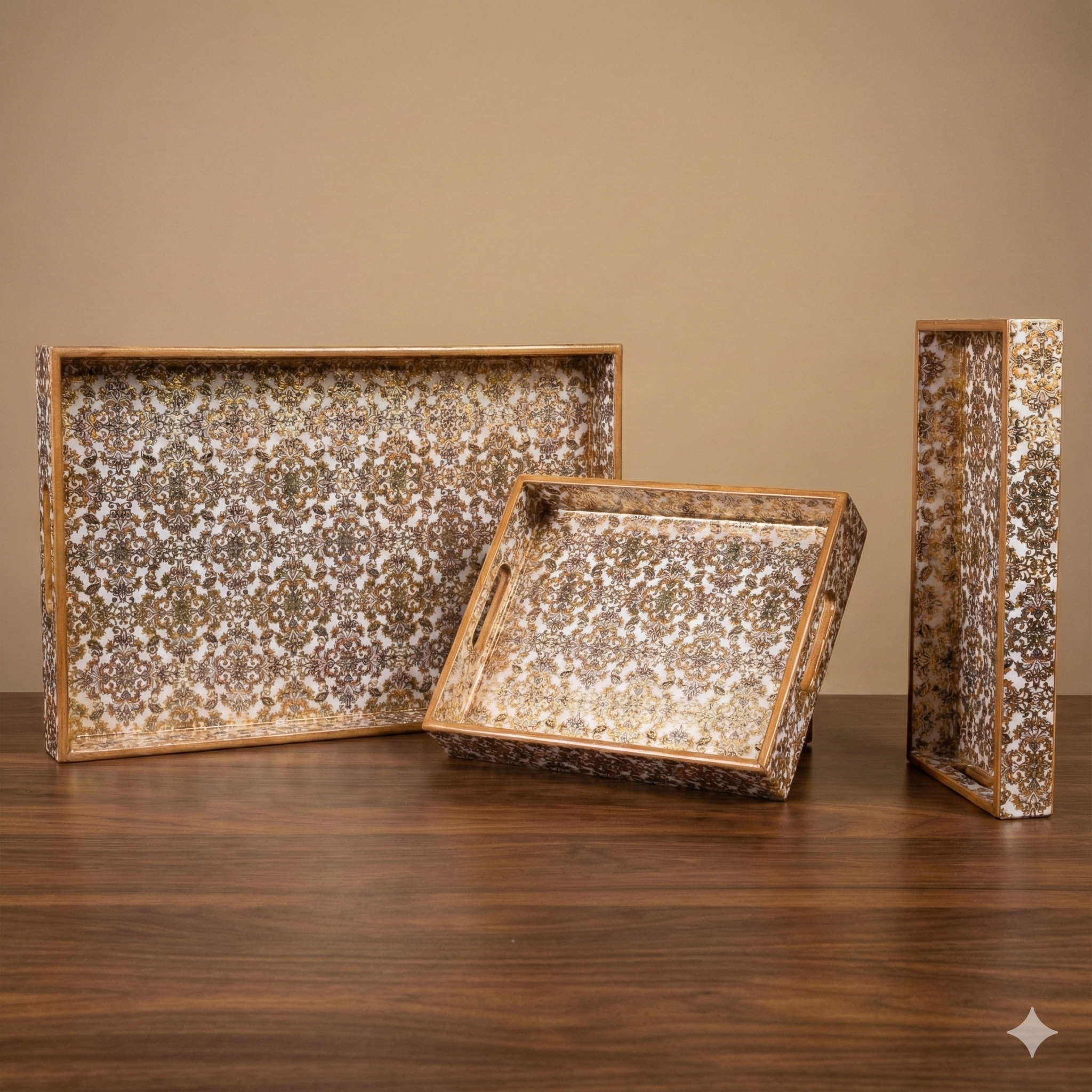 Gold Set of 3 Rectangular Wooden Serving Trays 16", 14", 12"