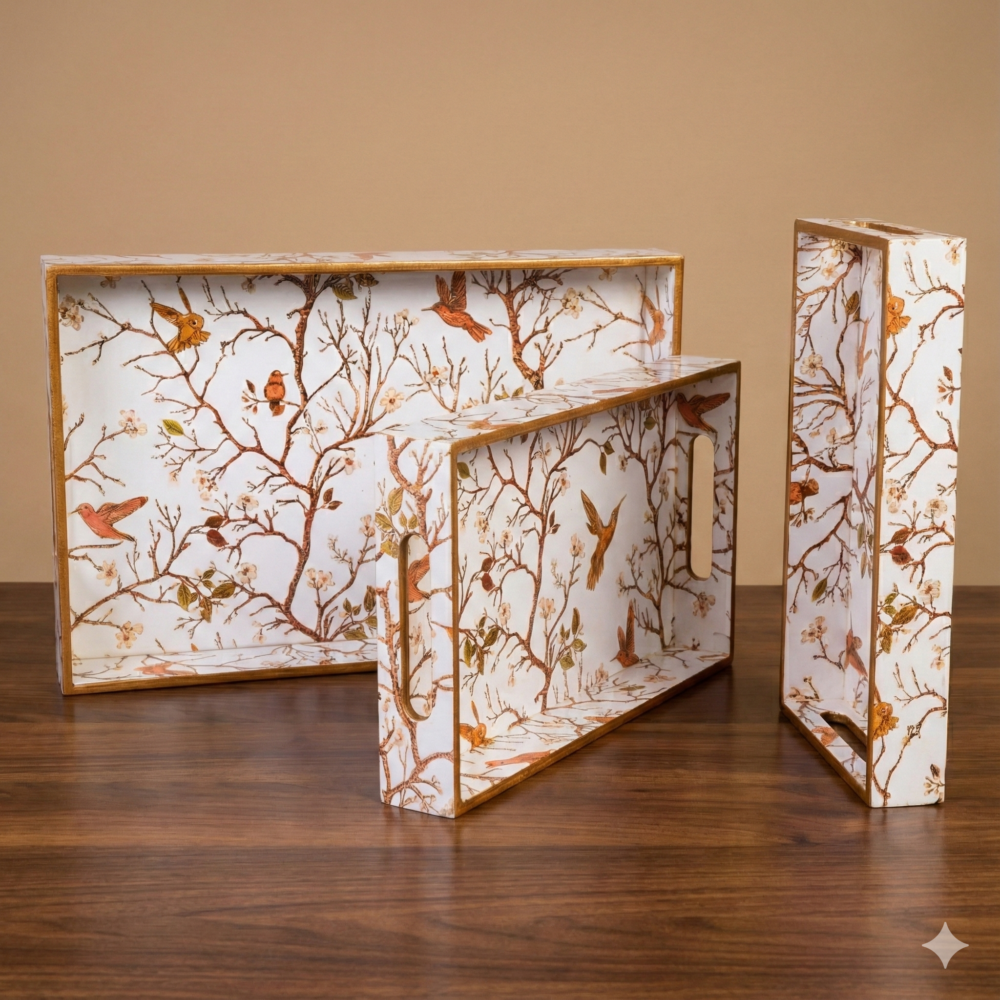 Off White Set of 3 Rectangular Wooden Serving Trays 16", 14", 12"