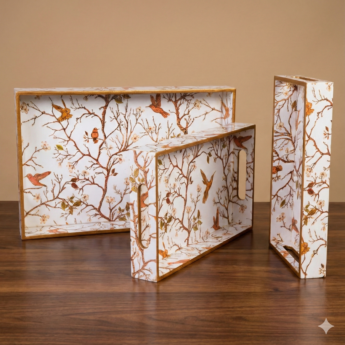 Off White Set of 3 Rectangular Wooden Serving Trays 16", 14", 12"