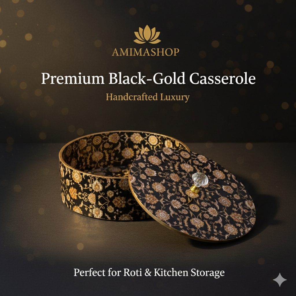 Wooden Casserole 2 Litre | Handcrafted Wooden Serving Bowl with Lid | Black Gold Design Hot Pot for Kitchen & Dining (Size 9x9x4 Inches)