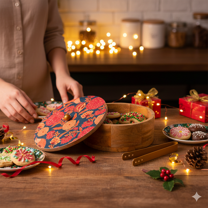 Wooden Casserole Set with Lid & Tong (9x9x3 Inches) | Premium Mango Wood Chapati Box for Kitchen & Dining Table | Handmade Hot Casserole Bowl for Roti, Bread & Food Storage