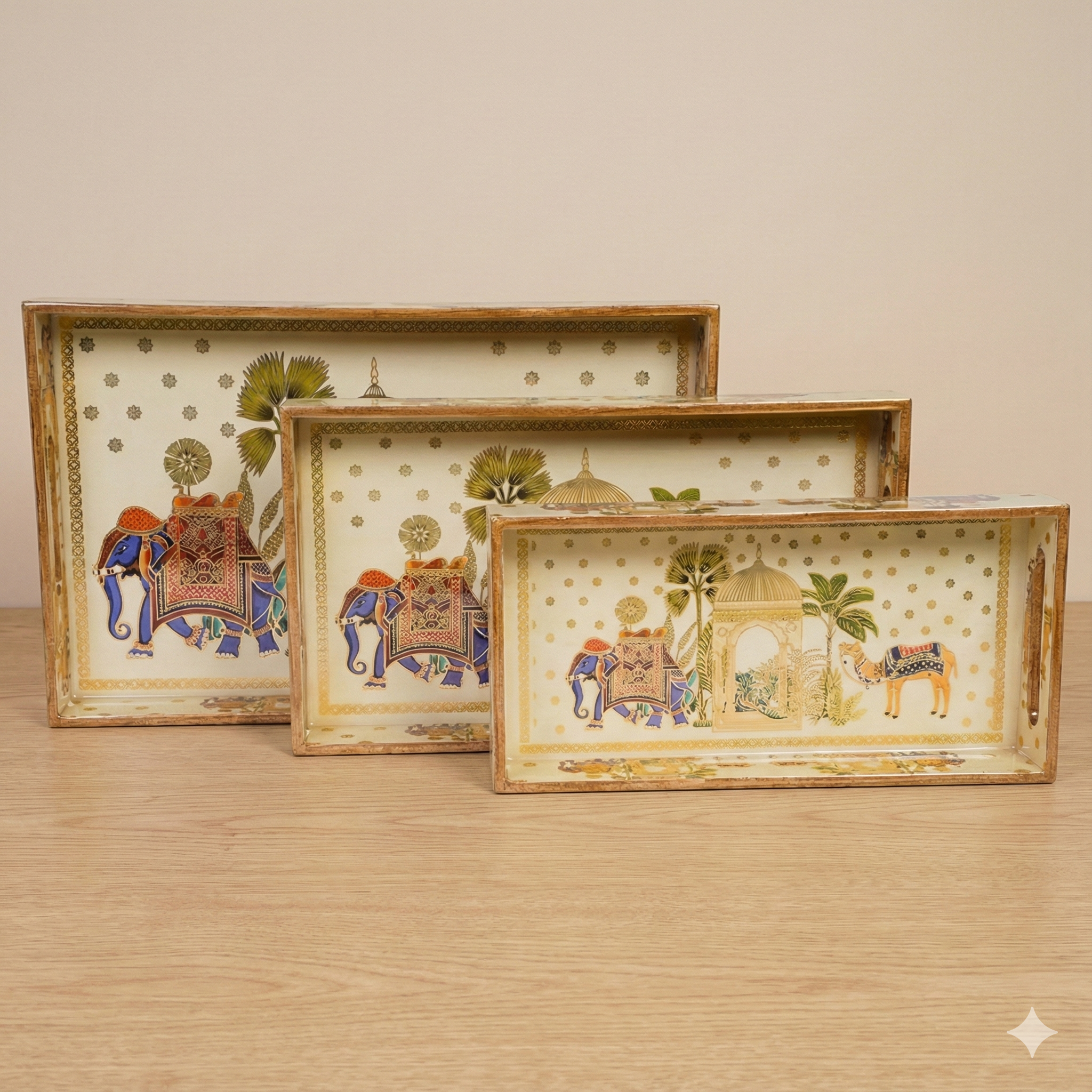 Set of 3 Wooden Elephant Serving Trays with Gold Engraving