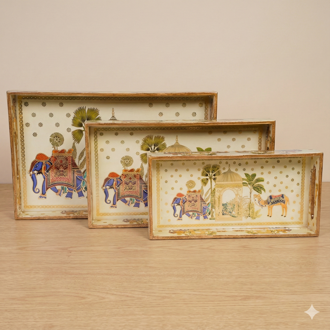 Set of 3 Wooden Elephant Serving Trays with Gold Engraving