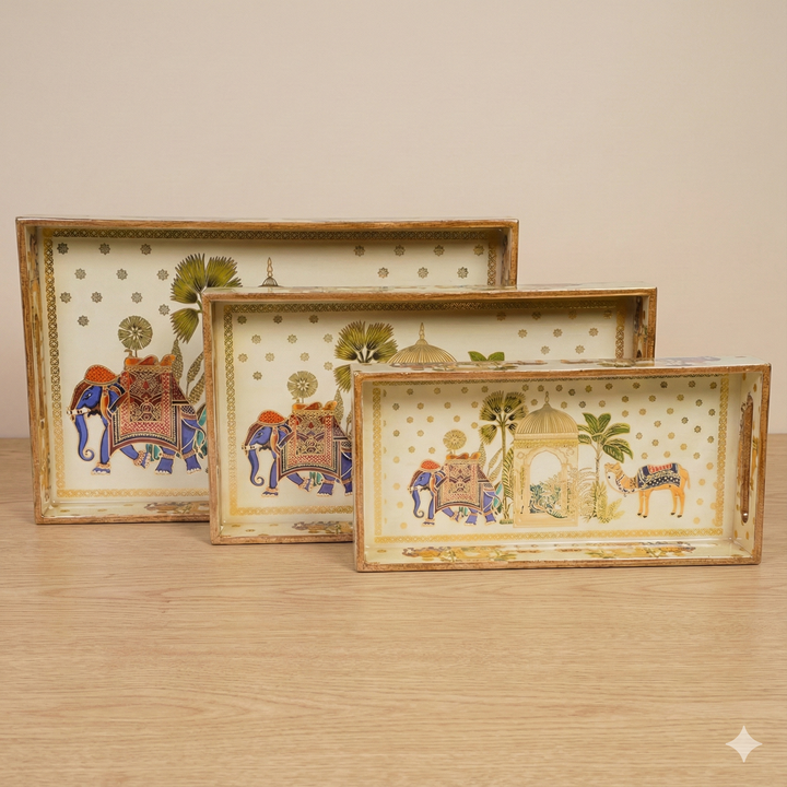 Set of 3 Wooden Elephant Serving Trays with Gold Engraving