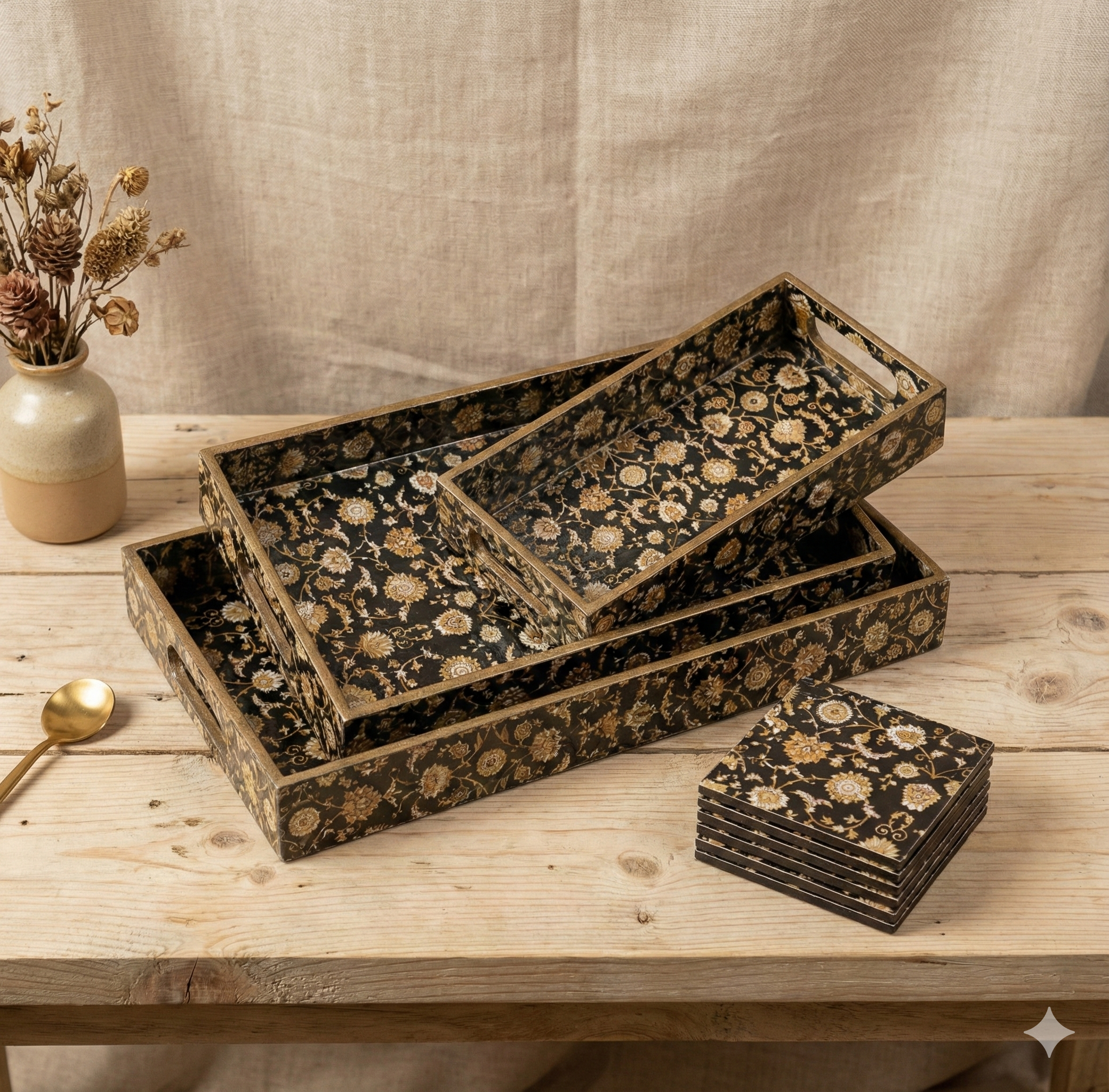 Premium Wooden Tray Set of 3 with 6 Coasters | Large, Medium & Small Sizes for Serving, Dining & Decor