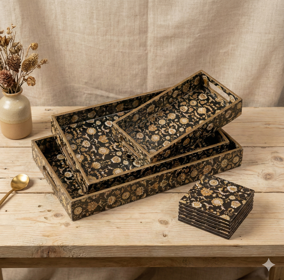 Premium Wooden Tray Set of 3 with 6 Coasters | Large, Medium & Small Sizes for Serving, Dining & Decor