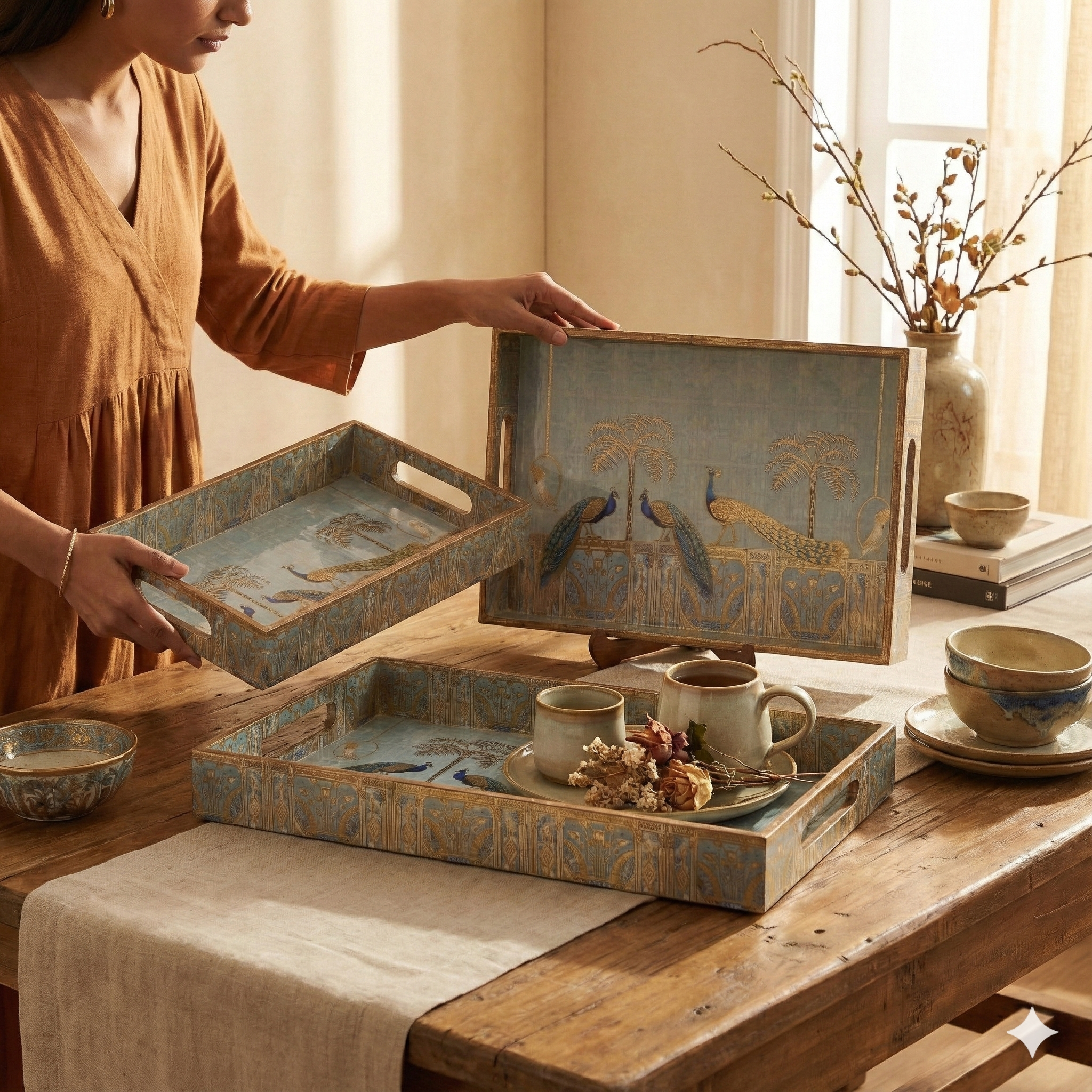 Amimashop® Peacock Set of 3 Rectangular Wooden Serving Trays 16", 14", 12"