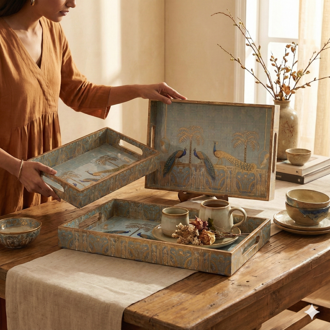 Amimashop® Peacock Set of 3 Rectangular Wooden Serving Trays 16", 14", 12"