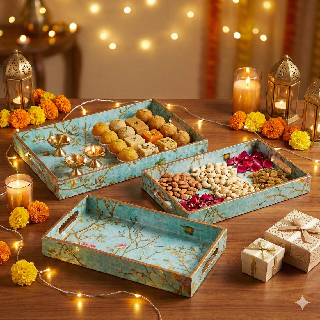 Green Set of 3 Rectangular Wooden Serving Trays 16", 14", 12"