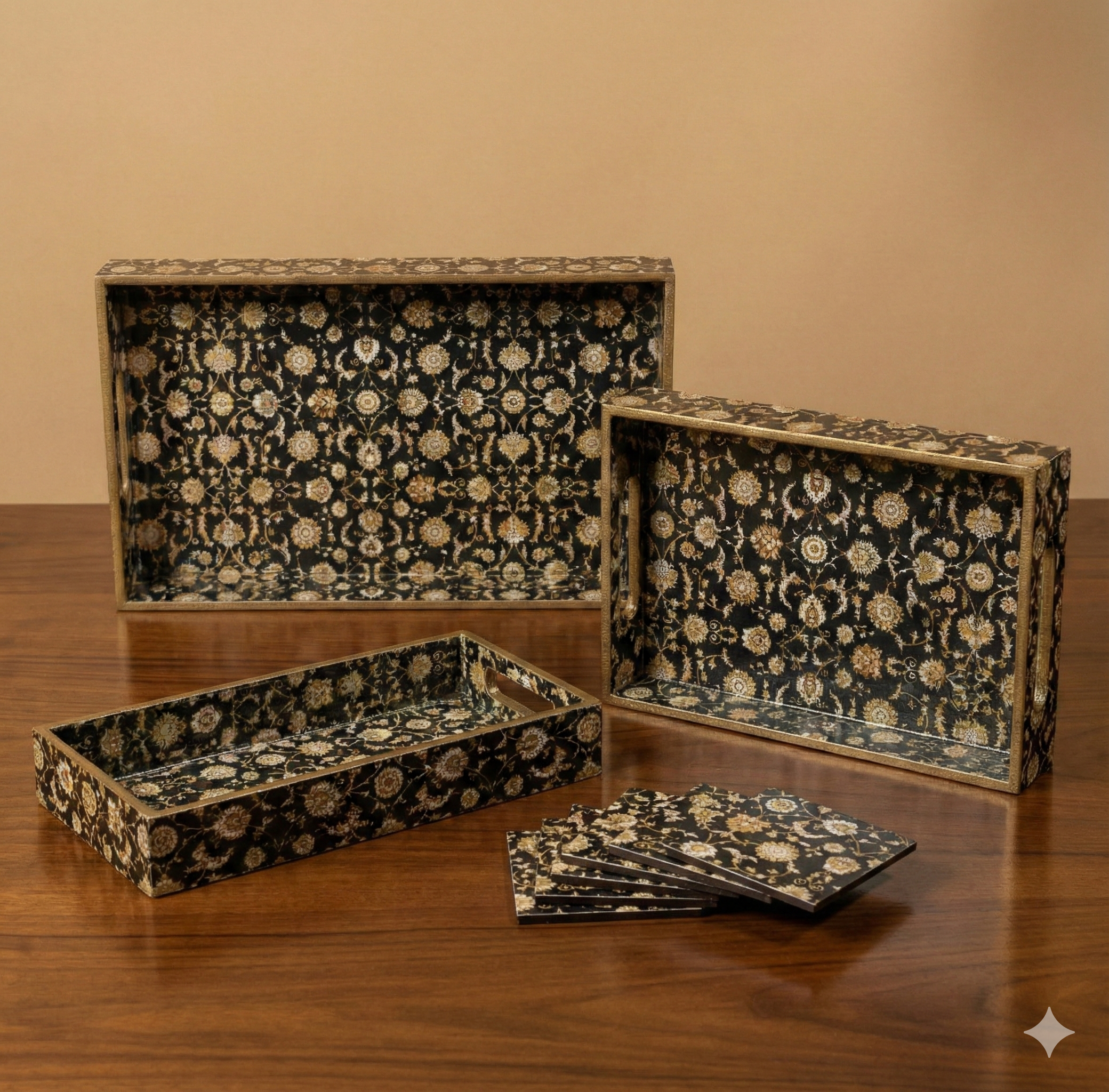 Premium Wooden Tray Set of 3 with 6 Coasters | Large, Medium & Small Sizes for Serving, Dining & Decor