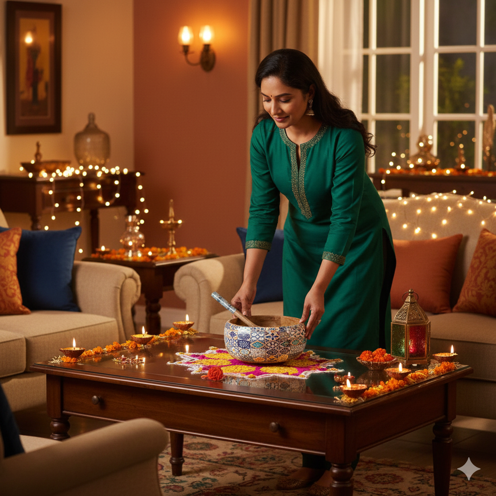 Mango Wooden Bowl with Spoon | Blue Floral Print Wooden Serving Bowl for Kitchen & Dining | Handcrafted Wooden Bowl for Salad, Snacks, Soup & Serving – 9x9x4 inch (with 8.5 inch Spoon)