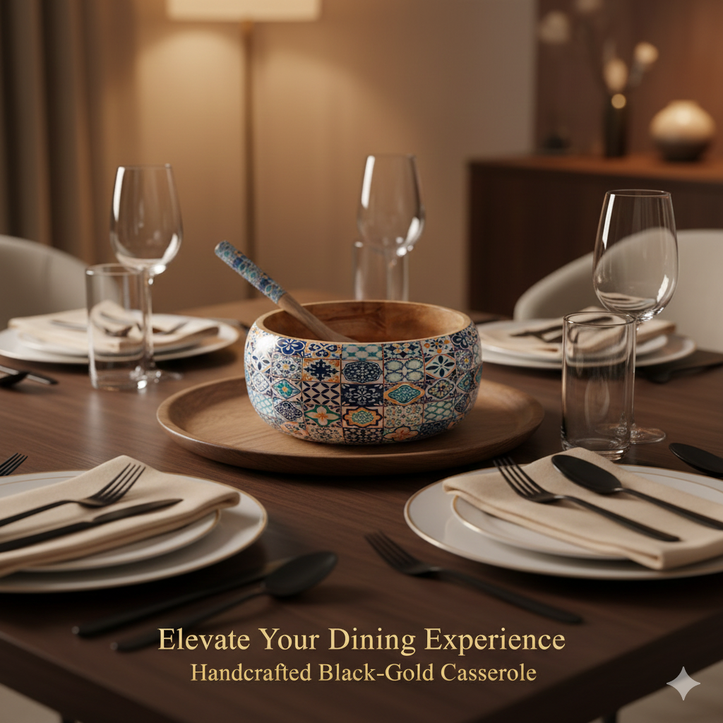 Mango Wooden Bowl with Spoon | Blue Floral Print Wooden Serving Bowl for Kitchen & Dining | Handcrafted Wooden Bowl for Salad, Snacks, Soup & Serving – 9x9x4 inch (with 8.5 inch Spoon)