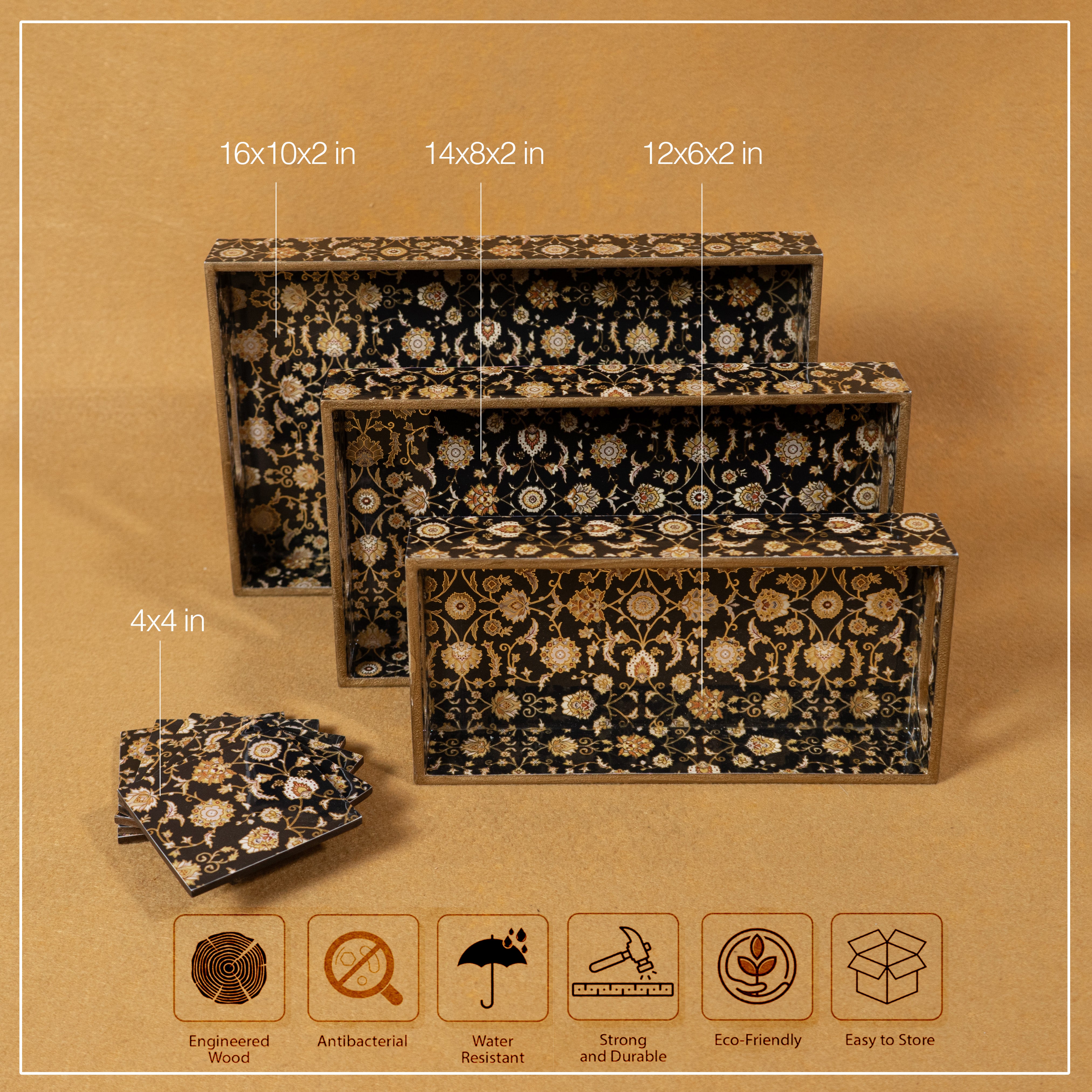 Premium Wooden Tray Set of 3 with 6 Coasters | Large, Medium & Small Sizes for Serving, Dining & Decor