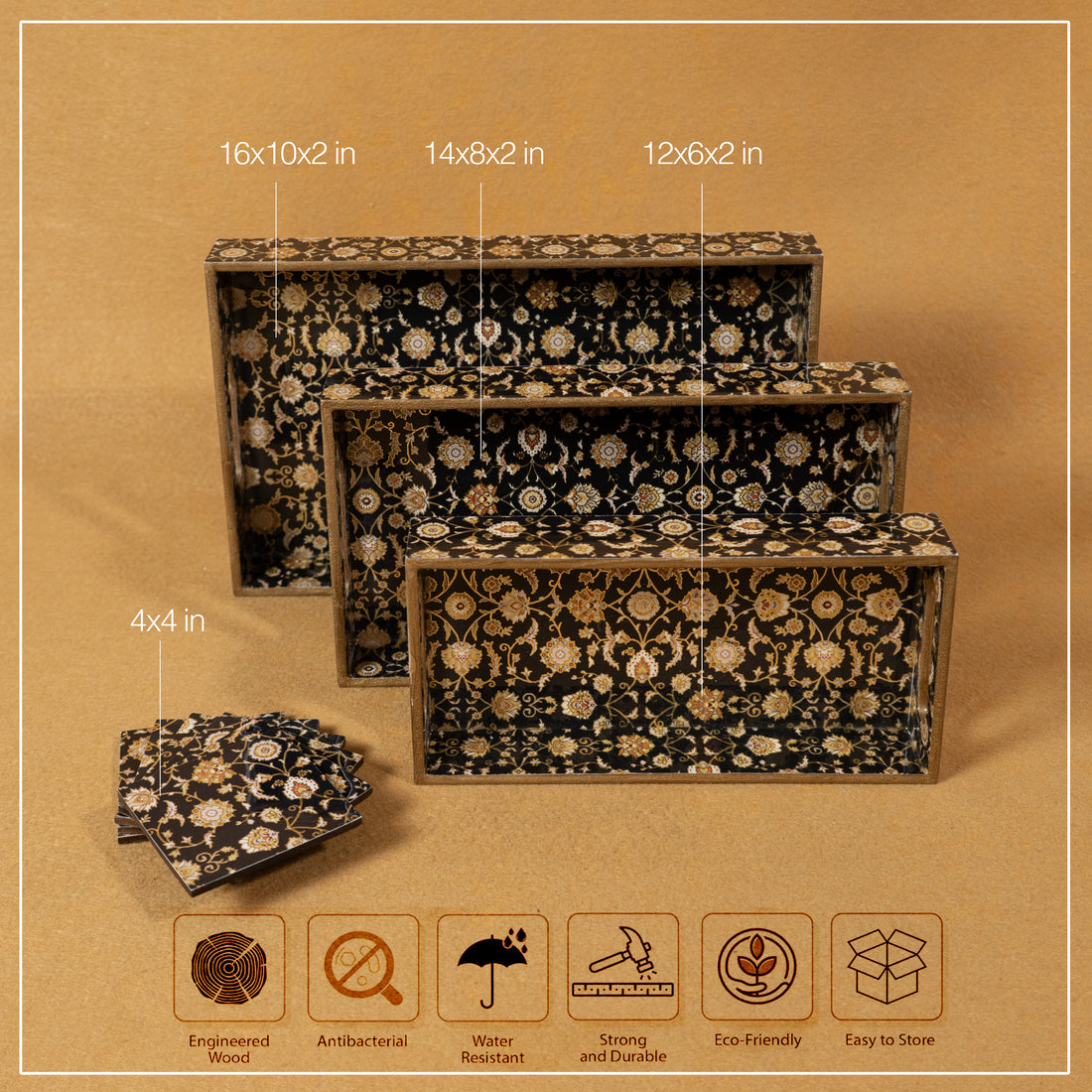 Premium Wooden Tray Set of 3 with 6 Coasters | Large, Medium & Small Sizes for Serving, Dining & Decor