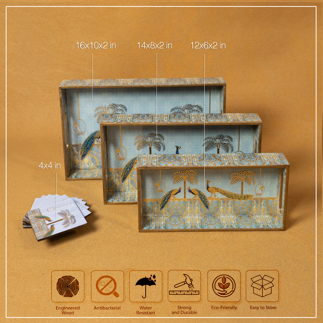 Premium Wooden Tray Set of 3 with 6 Coasters | Large, Medium & Small Sizes for Serving, Dining & Decor