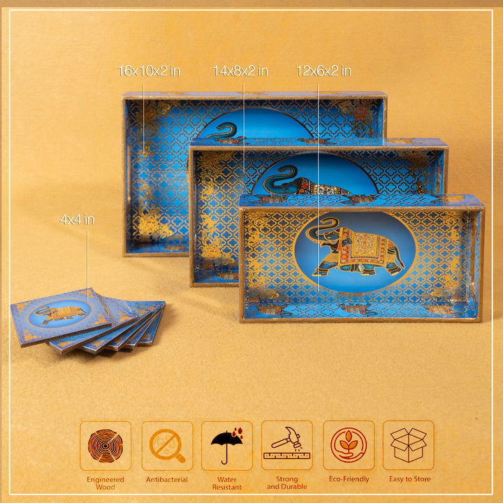 Premium Wooden Tray Set of 3 with 6 Coasters | Large, Medium & Small Sizes for Serving, Dining & Decor