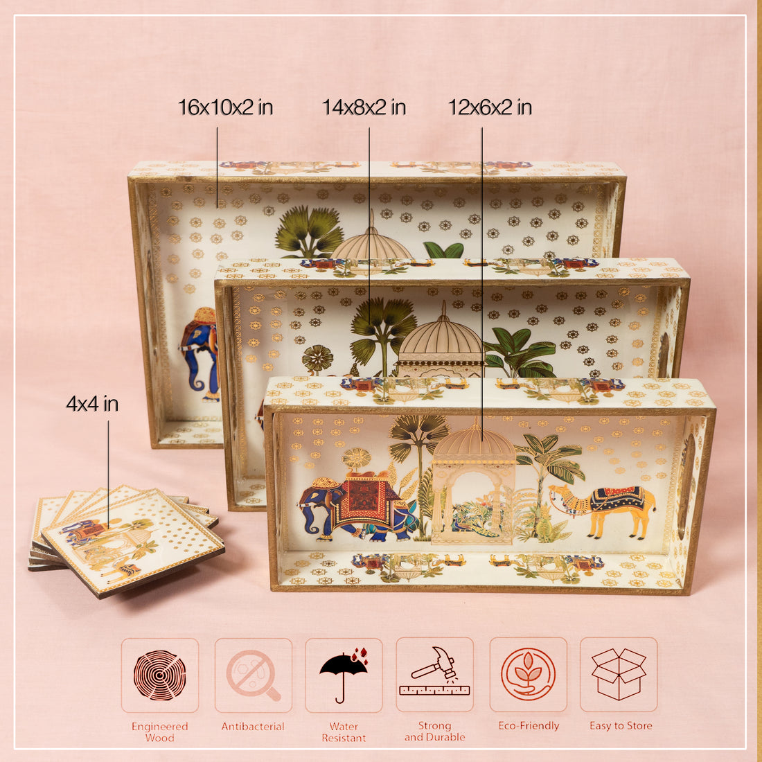 Premium Wooden Tray Set of 3 with 6 Coasters | Large, Medium & Small Sizes for Serving, Dining & Decor