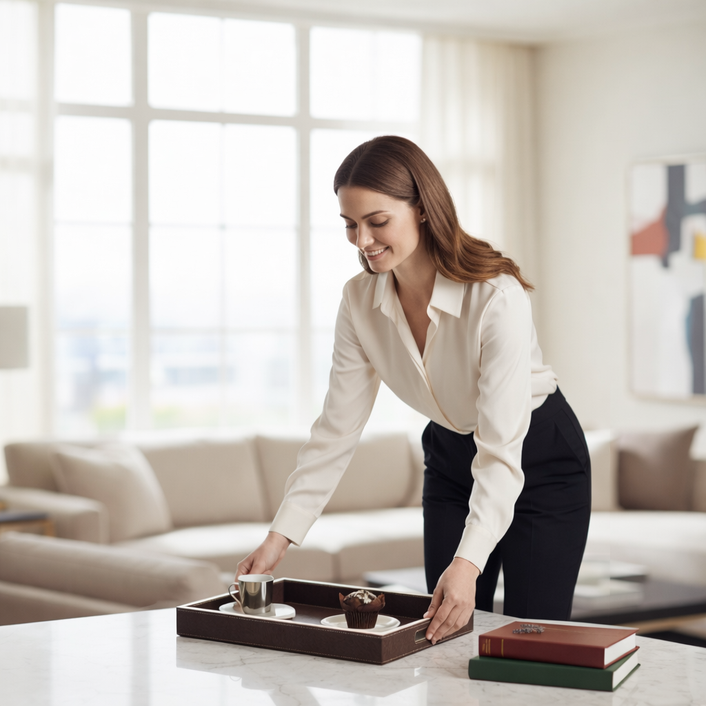 Large Wooden Serving Tray with Leather Finish | Big Size Rectangular Tray for Serving Tea, Coffee & Breakfast | 16 x 14 Inch Premium Snack Tray (BROWN)