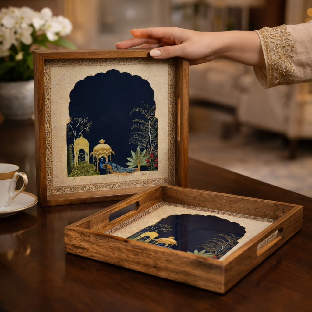 Serving Tray| Set of 2 | Size : 12 x 12 inch & 10 x 10 inch | Square Trays | Wooden Tray for Decoration | Wooden Tray Set for Serving
