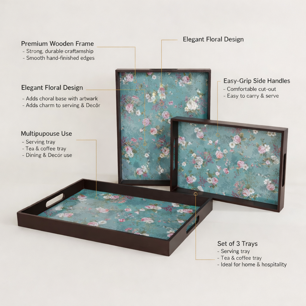 Wooden Tray Set of 3 – Large, Medium & Small Sizes|Handcrafted Wooden Tray Set for Gift & Serving