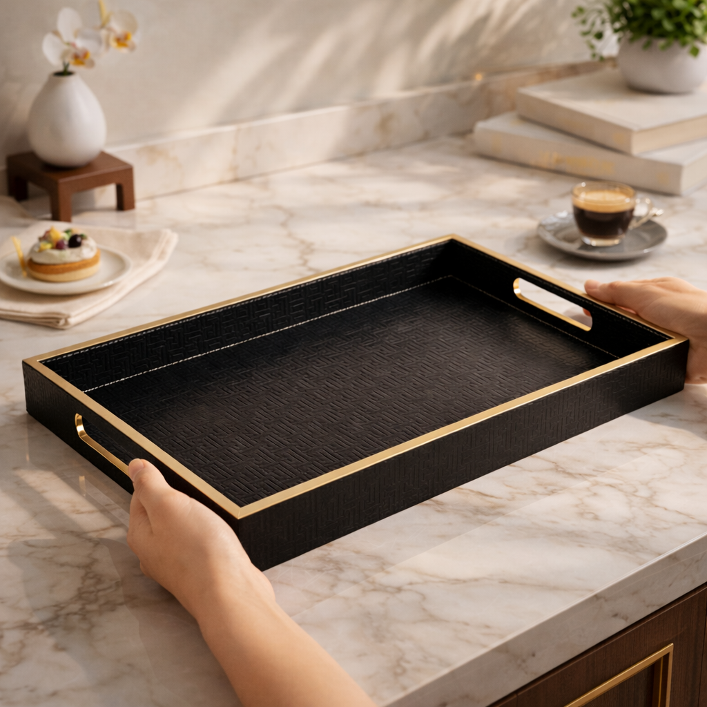 Large Wooden Serving Tray with Leather Finish | Big Size Rectangular Tray for Serving Tea, Coffee & Breakfast | 16 x 14 Inch Premium Snack Tray (BLACK)