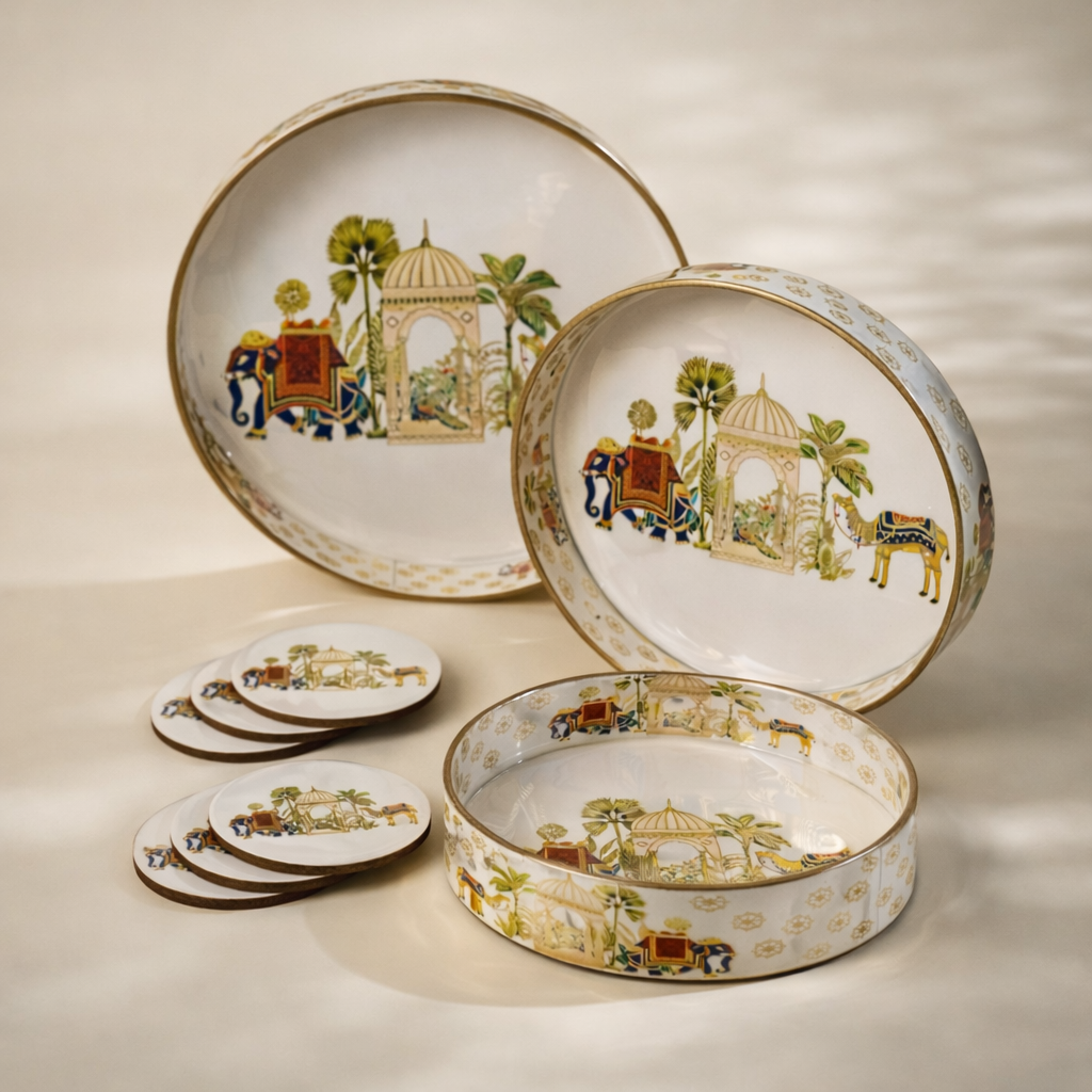 Set of 3 Wooden Serving Trays with Matching Coasters Round Multipurpose Trays for Kitchen Dining Table Top Tea Coffee Snacks Home Decor Large 12" Medium 10" Small 8" Inch