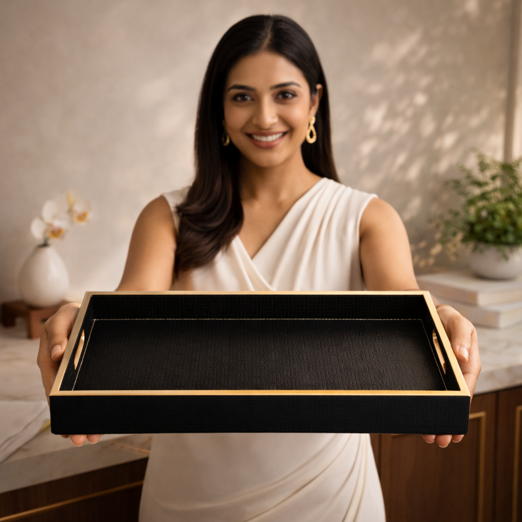Large Wooden Serving Tray with Leather Finish | Big Size Rectangular Tray for Serving Tea, Coffee & Breakfast | 16 x 14 Inch Premium Snack Tray (BLACK)
