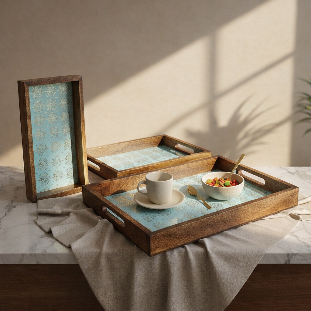 Wooden Serving Tray with Gold Engraving | Rectangle Trays Set of 3 | Serving Trays | Wooden Tray | Enamel Coated Waterproof |Size : 16 x 10 inch, 14 x 8 inch & 12 x 6 inch