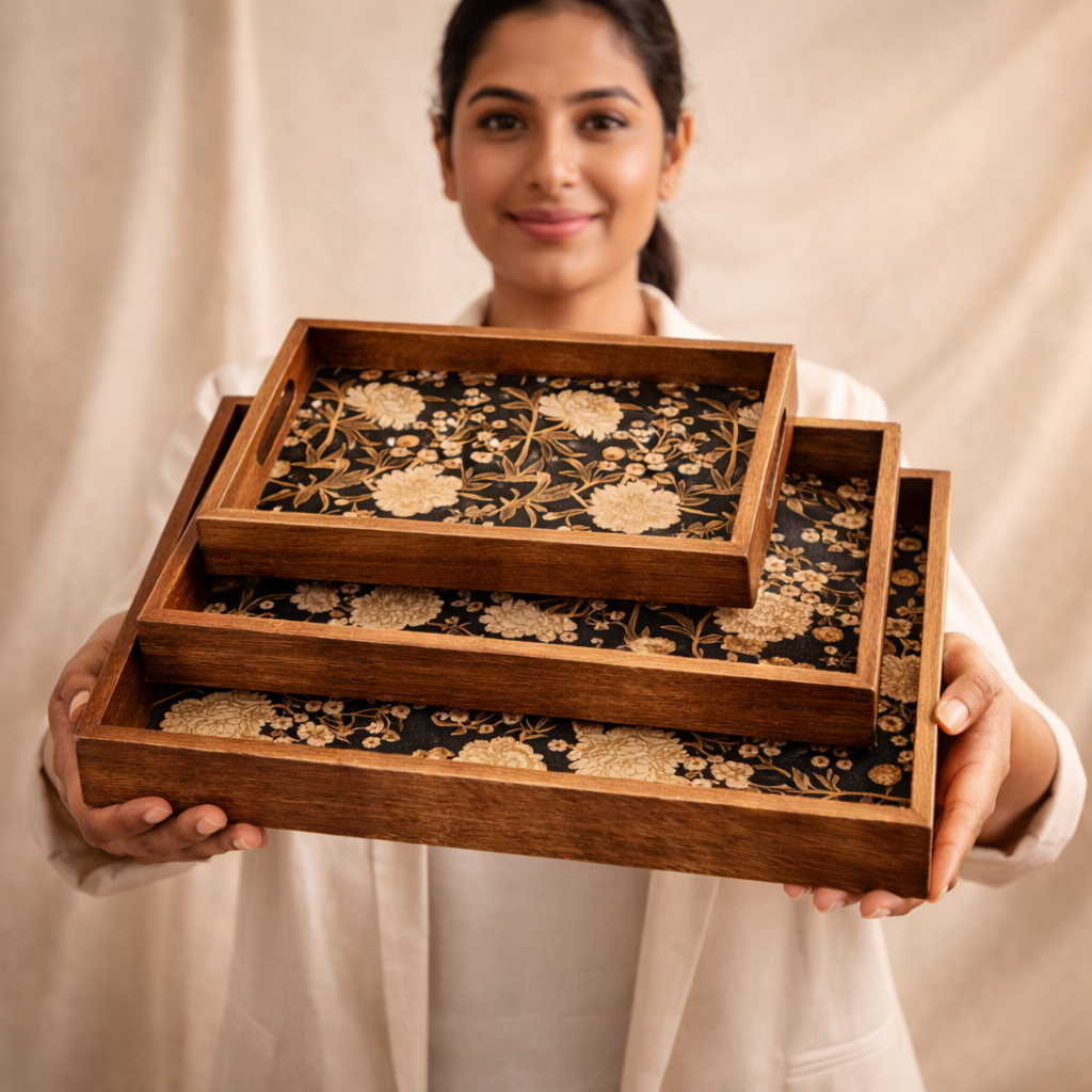 Serving Tray Set 3 with Gold Engraving | Wooden Tray Set 3 |Wooden Tray Decoration | Enamel Coated Waterproof |Size : 16 x 10 inch, 14 x 8 inch & 12 x 6 inch (Set 3)