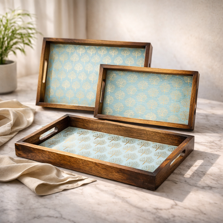 Wooden Serving Tray with Gold Engraving | Rectangle Trays Set of 3 | Serving Trays | Wooden Tray | Enamel Coated Waterproof |Size : 16 x 10 inch, 14 x 8 inch & 12 x 6 inch