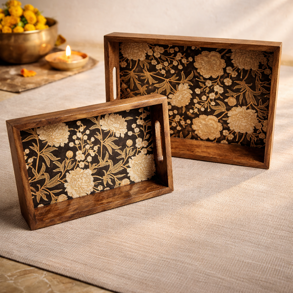 Serving Tray Set 2 | Wooden Tray Set |Wooden Tray Decoration| Enamel Coated Waterproof |Size : 14 x 8 inch & 12 x 6 inch (Set of 2)