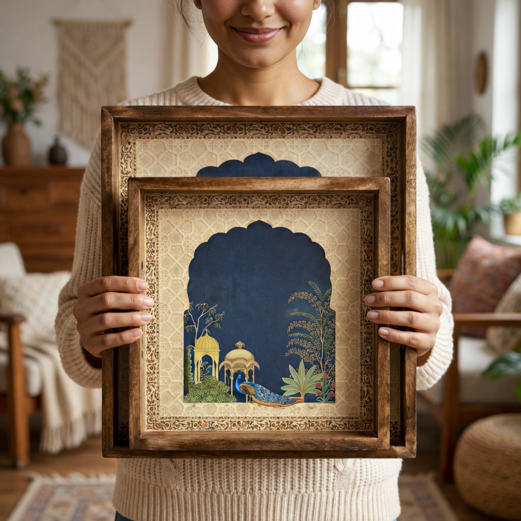 Serving Tray| Set of 2 | Size : 12 x 12 inch & 10 x 10 inch | Square Trays | Wooden Tray for Decoration | Wooden Tray Set for Serving