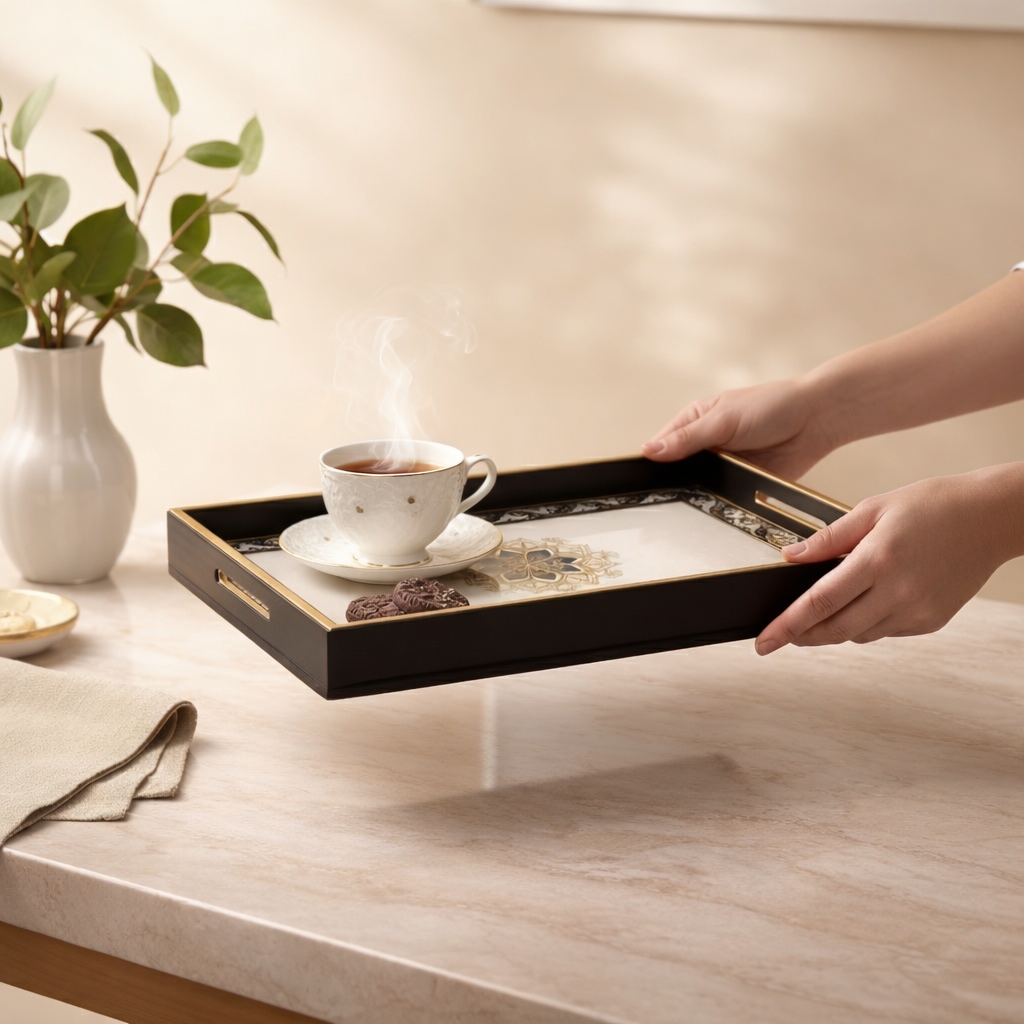 Large Wooden Serving Tray with Leather Finish | Big Size Rectangular Tray for Serving Tea, Coffee & Breakfast | 16 x 14 Inch Premium Snack Tray(White+Black)