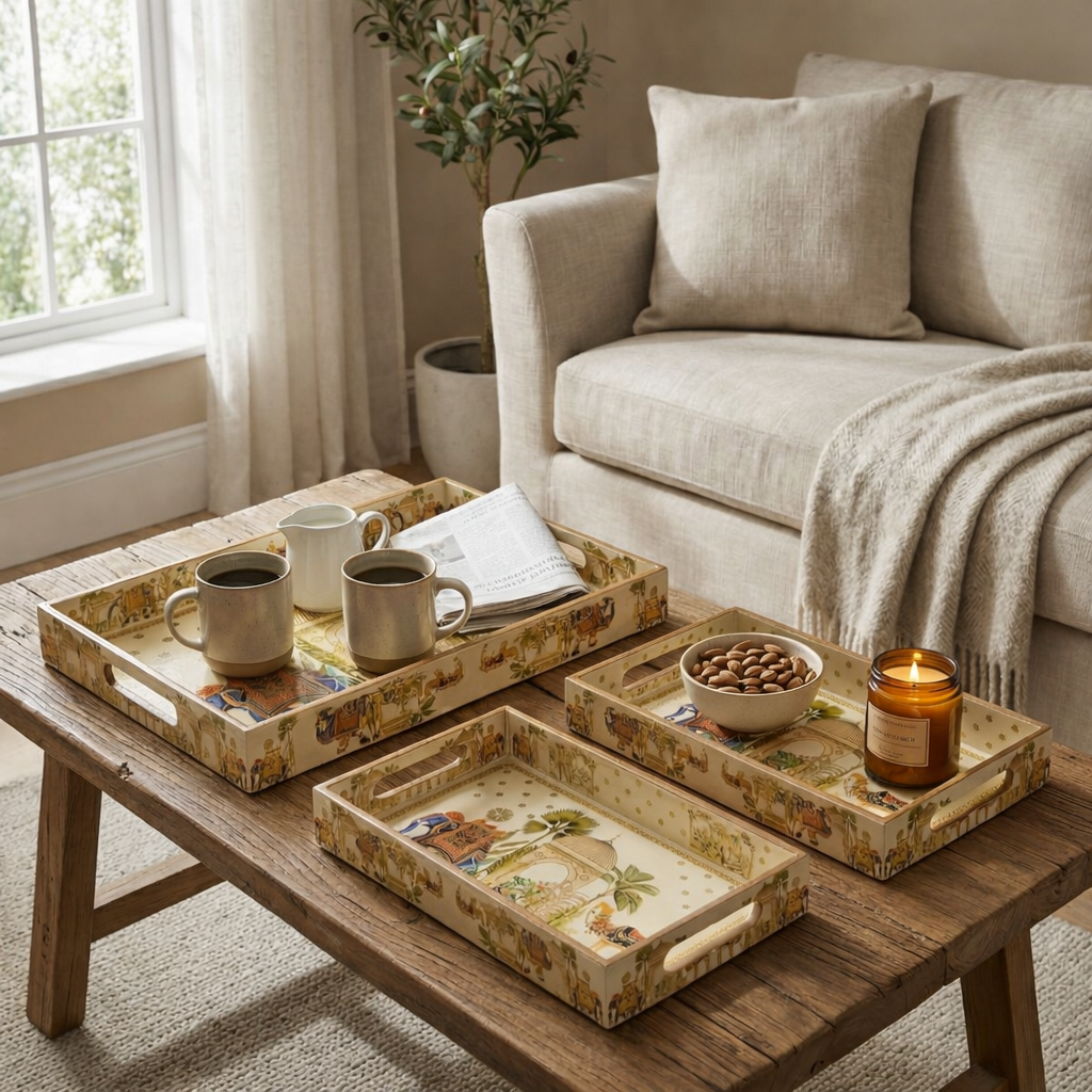 Set of 3 Wooden Elephant Serving Trays with Gold Engraving