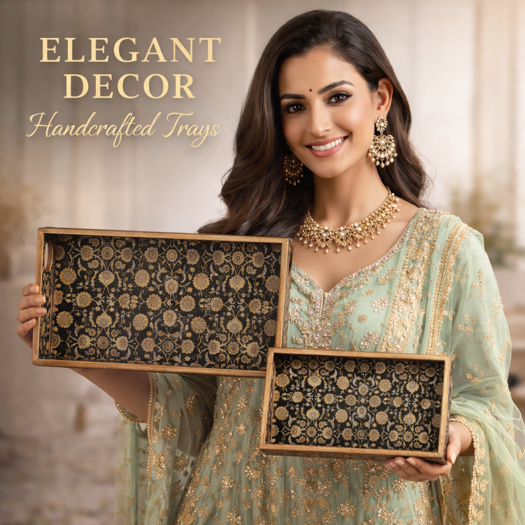 Set of 3 Wooden Serving Trays with Gold Engraving