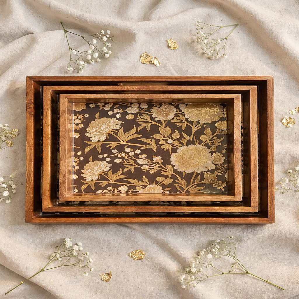 Serving Tray Set 3 with Gold Engraving | Wooden Tray Set 3 |Wooden Tray Decoration | Enamel Coated Waterproof |Size : 16 x 10 inch, 14 x 8 inch & 12 x 6 inch (Set 3)