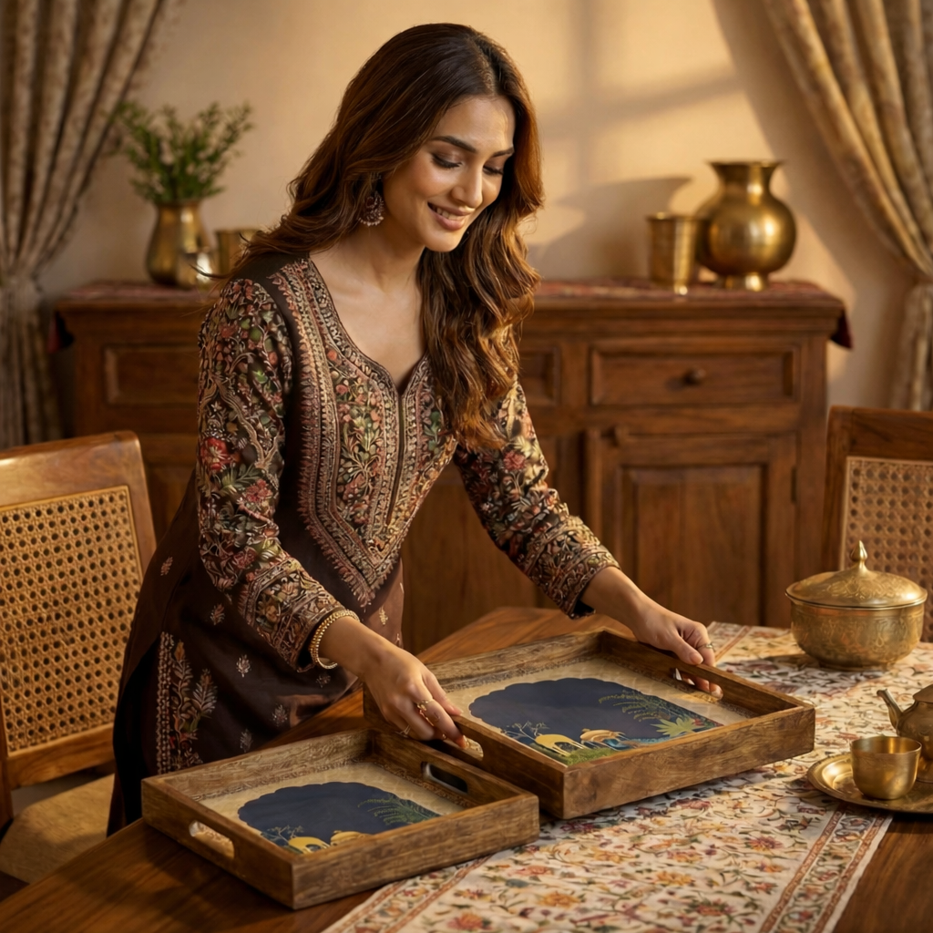 Serving Tray| Set of 2 | Size : 12 x 12 inch & 10 x 10 inch | Square Trays | Wooden Tray for Decoration | Wooden Tray Set for Serving