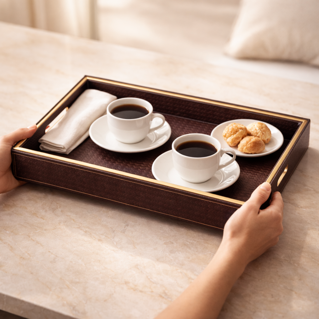 Large Wooden Serving Tray with Leather Finish | Big Size Rectangular Tray for Serving Tea, Coffee & Breakfast | 16 x 14 Inch Premium Snack Tray (BROWN)