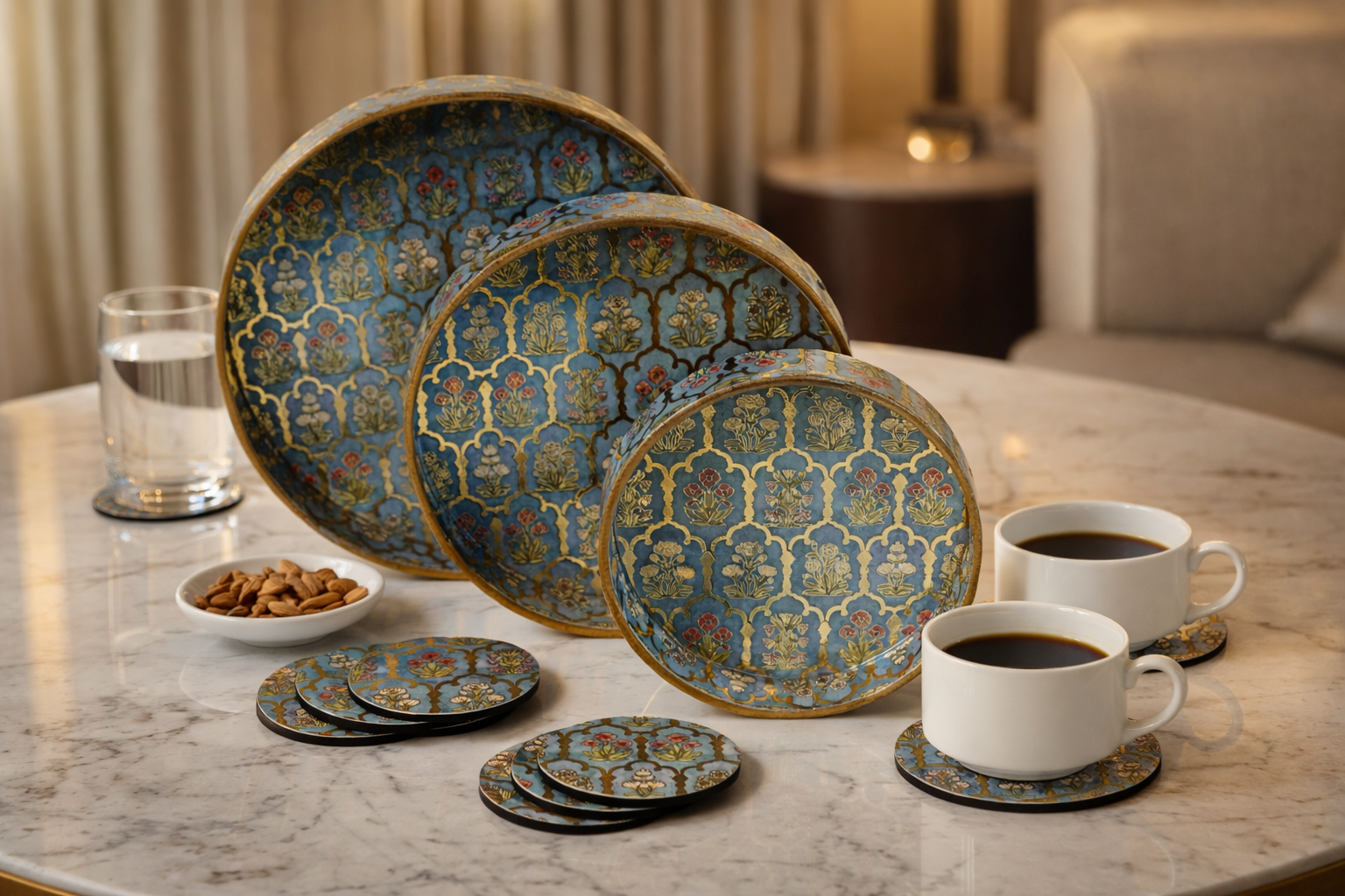 Set of 3 Round Wooden Serving Trays with Matching Coasters | Multipurpose Tea Coffee Snacks Serving Trays for Kitchen Dining Table Home Decor | Large 12 Medium 10 Small 8 Inch Green